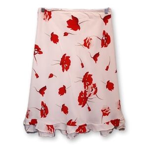 Vintage Romantic Floral Midi Skirt A-Line Ruffle Layered Hem Red Cream